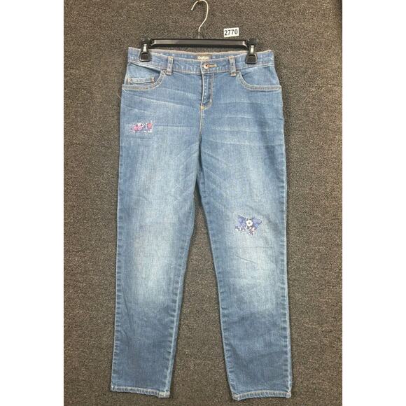 OshKosh Girls Jeans Floral Patchwork Straight Leg Size 12 Blue Denim Stretch - Picture 1 of 8
